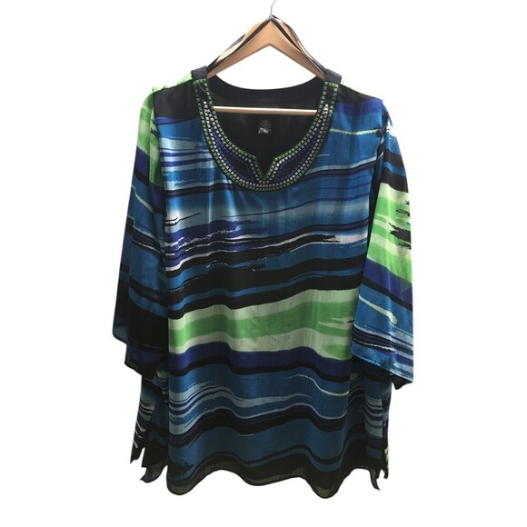 Maggie Barnes Top Women's Size 3X 26 / 28 W Blue Green Stripes - Picture 1 of 5